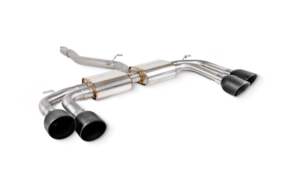 Scorpion Audi S3 8Y Sportback GPF-Back Exhaust System with non-resonated cat pipes, showcasing polished metal and exhaust tips.