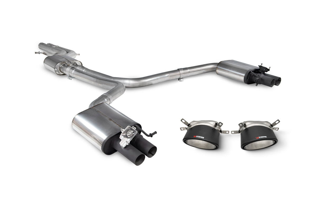 Scorpion Audi RS7 C7 resonated half system tailpipe trim with polished metal finish and sleek design.
