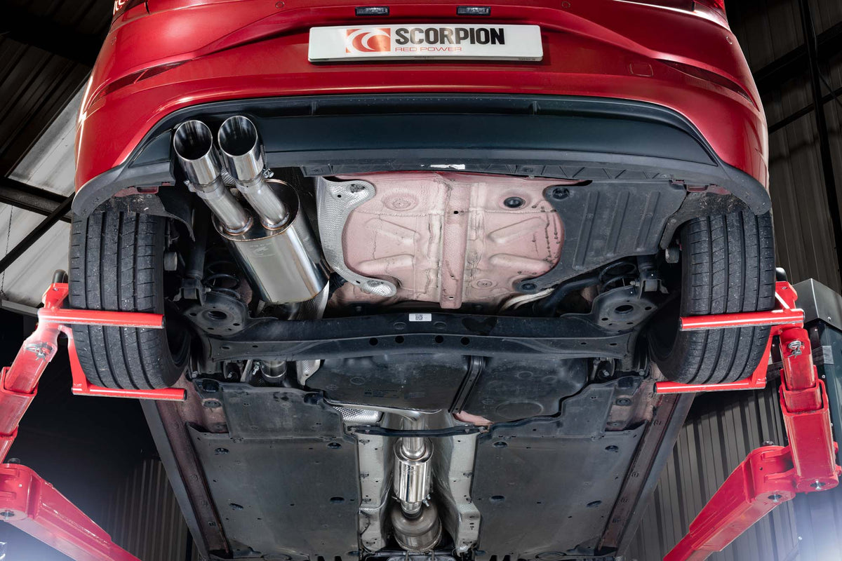 Scorpion Volkswagen Polo GTI AW GPF-Back exhaust system with resonated design, installed on a facelift model showing the exhaust tips.
