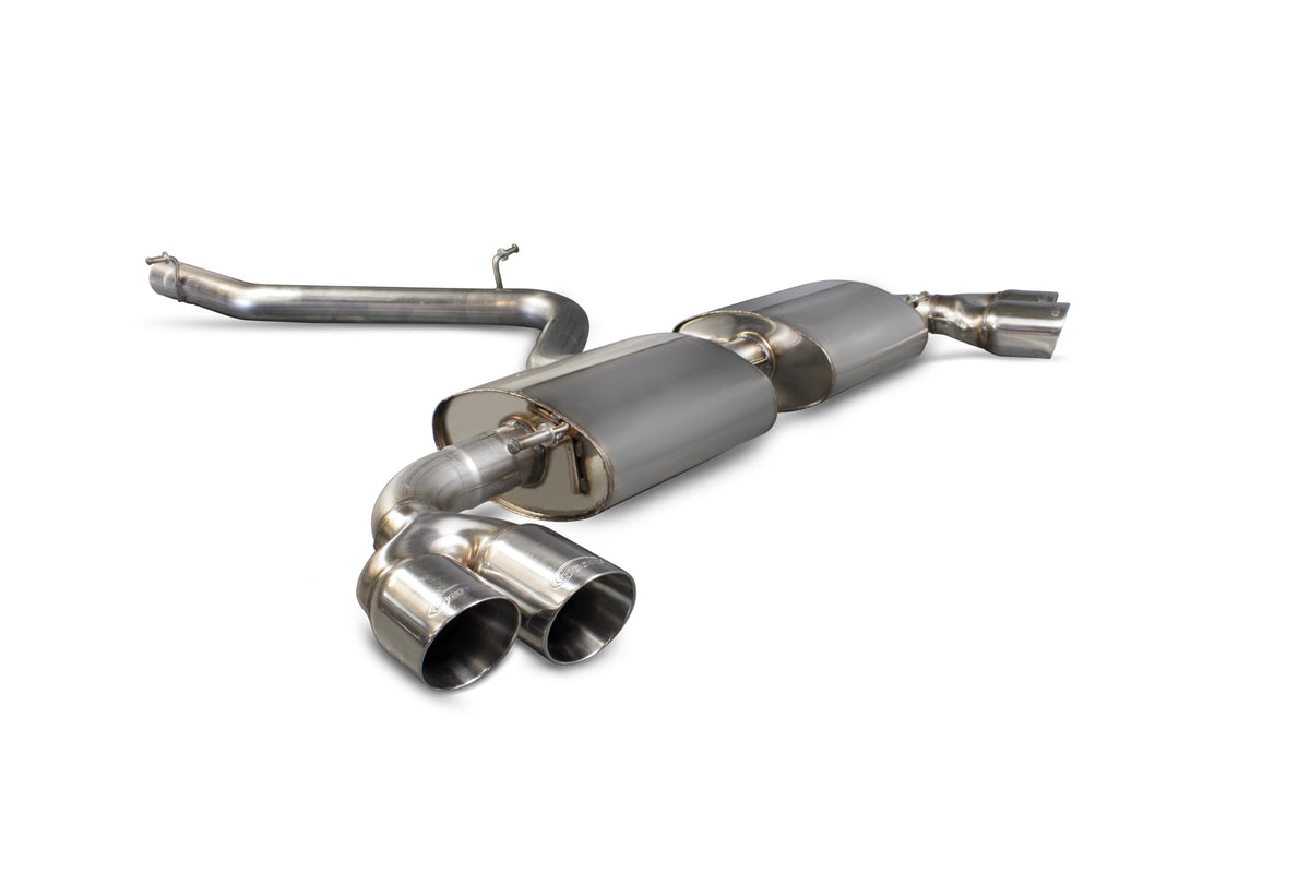 Scorpion Audi TT Mk2 3.2 V6 cat-back exhaust system with polished stainless steel pipes and dual exhaust tips.