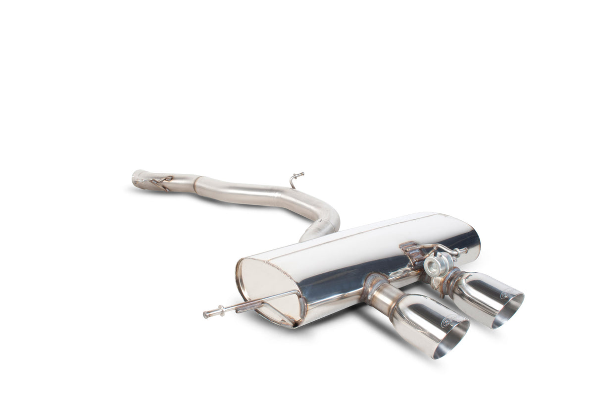 Scorpion Volkswagen Golf Mk6 R 2.0 Tsi cat-back exhaust system with polished stainless steel pipes and dual exhaust tips.