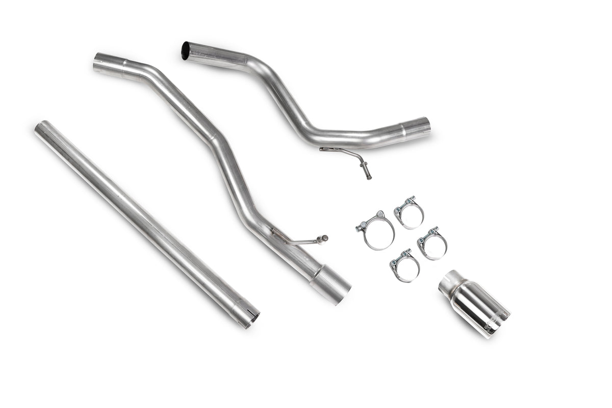 Scorpion Volkswagen UP! GTI TSI cat-back exhaust system with polished stainless steel piping and dual exhaust tips.