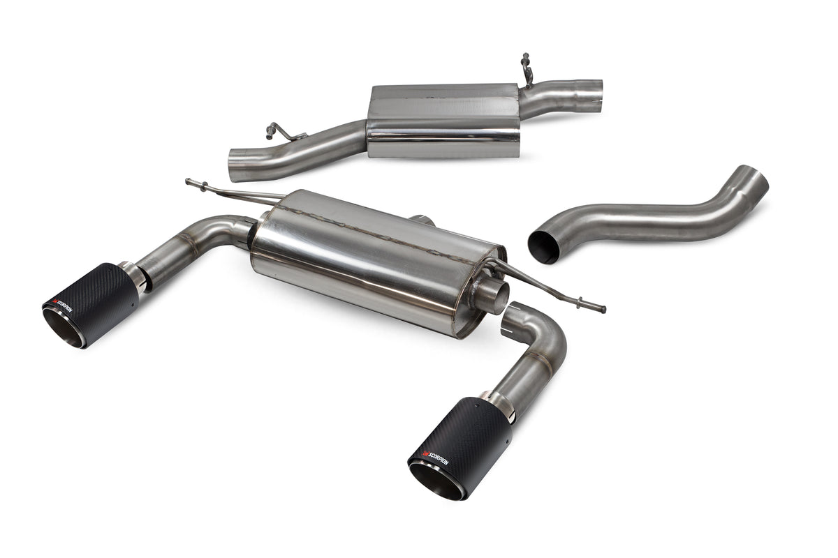 Scorpion Audi TT MK3 2.0 TFSI quattro coupe cat-back exhaust system with resonated pipes, non-GPF model, no valves, metallic finish.