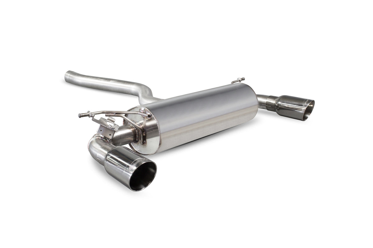 Scorpion BMW F20 F21 M140i GPF back exhaust system with electronic valve, stainless steel construction and dual tailpipes.
