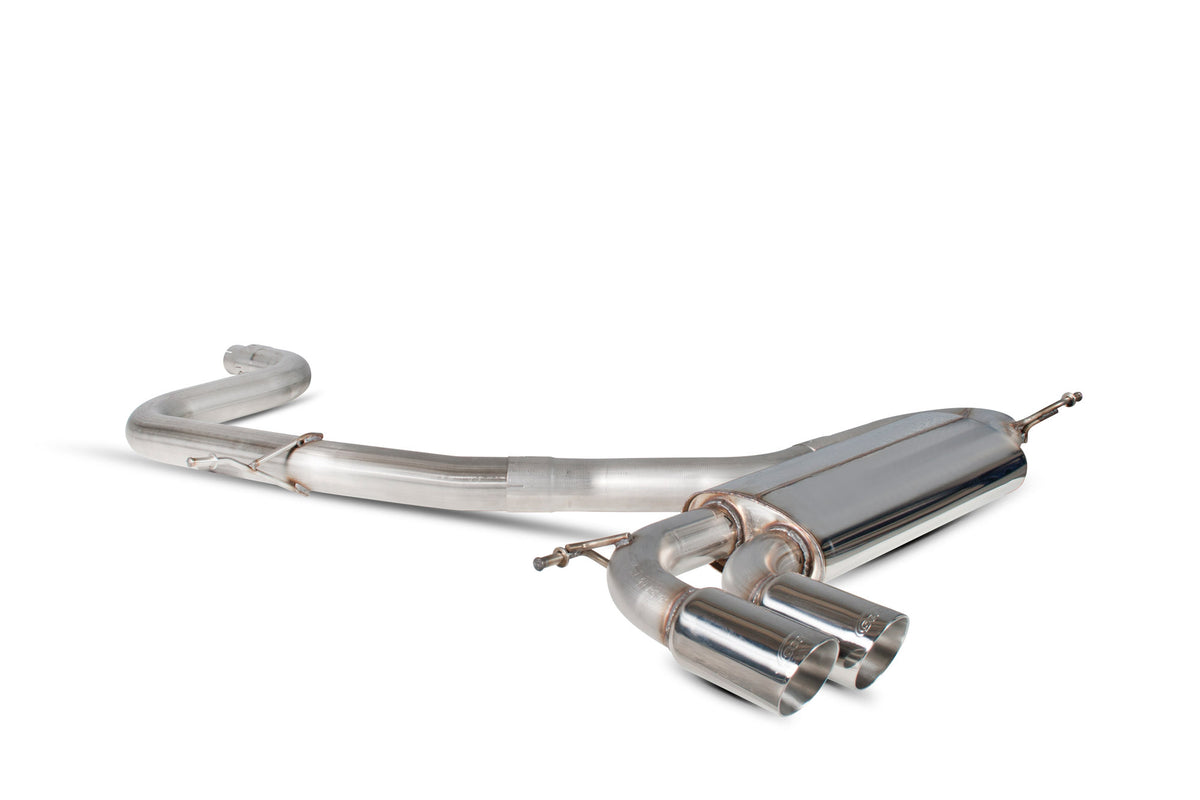 Scorpion Volkswagen Golf MK5 GTI Edition 30 non-resonated cat-back exhaust system installed, showing polished stainless steel pipes and muffler