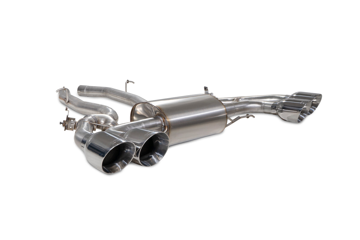 Scorpion BMW X3 M G01 half exhaust system with valves, featuring competition style design and stainless steel construction.