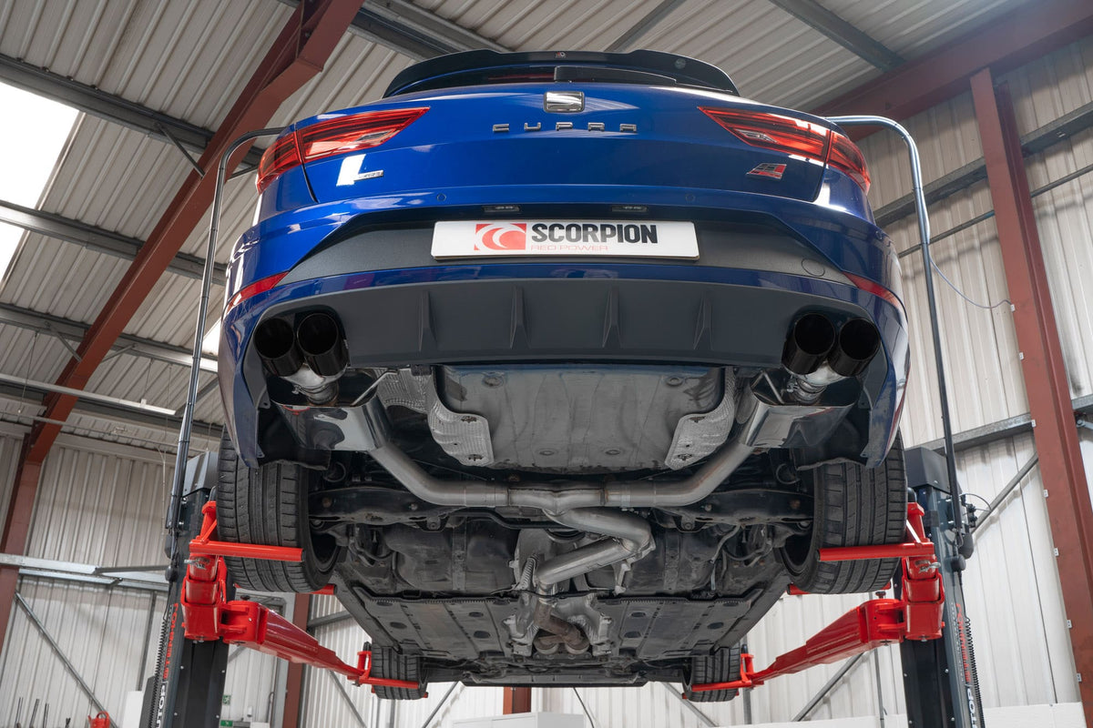 Scorpion Exhausts GPF-Back Exhaust System for Seat Leon Cupra ST 300 4Drive, showcasing the polished stainless steel exhaust components.