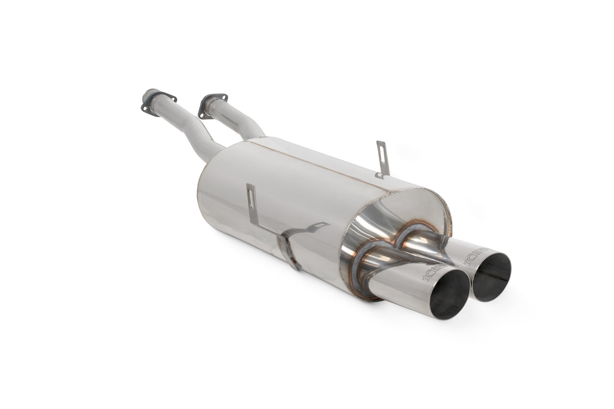 Scorpion BMW 325/328 E36 cat-back exhaust system with stainless steel mufflers and polished tips, installed on the vehicle.