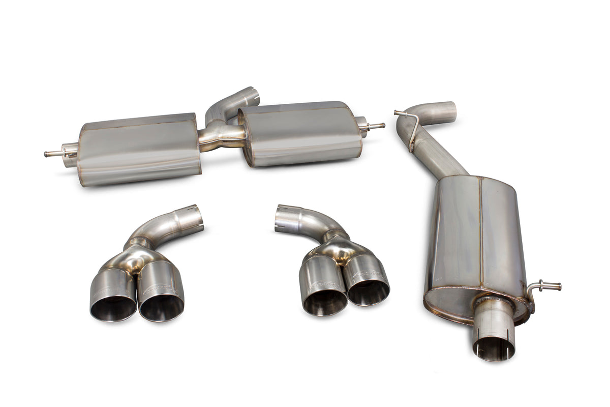 Scorpion Audi TT Mk2 3.2 V6 cat-back exhaust system with resonated muffler, stainless steel construction, and polished finish.