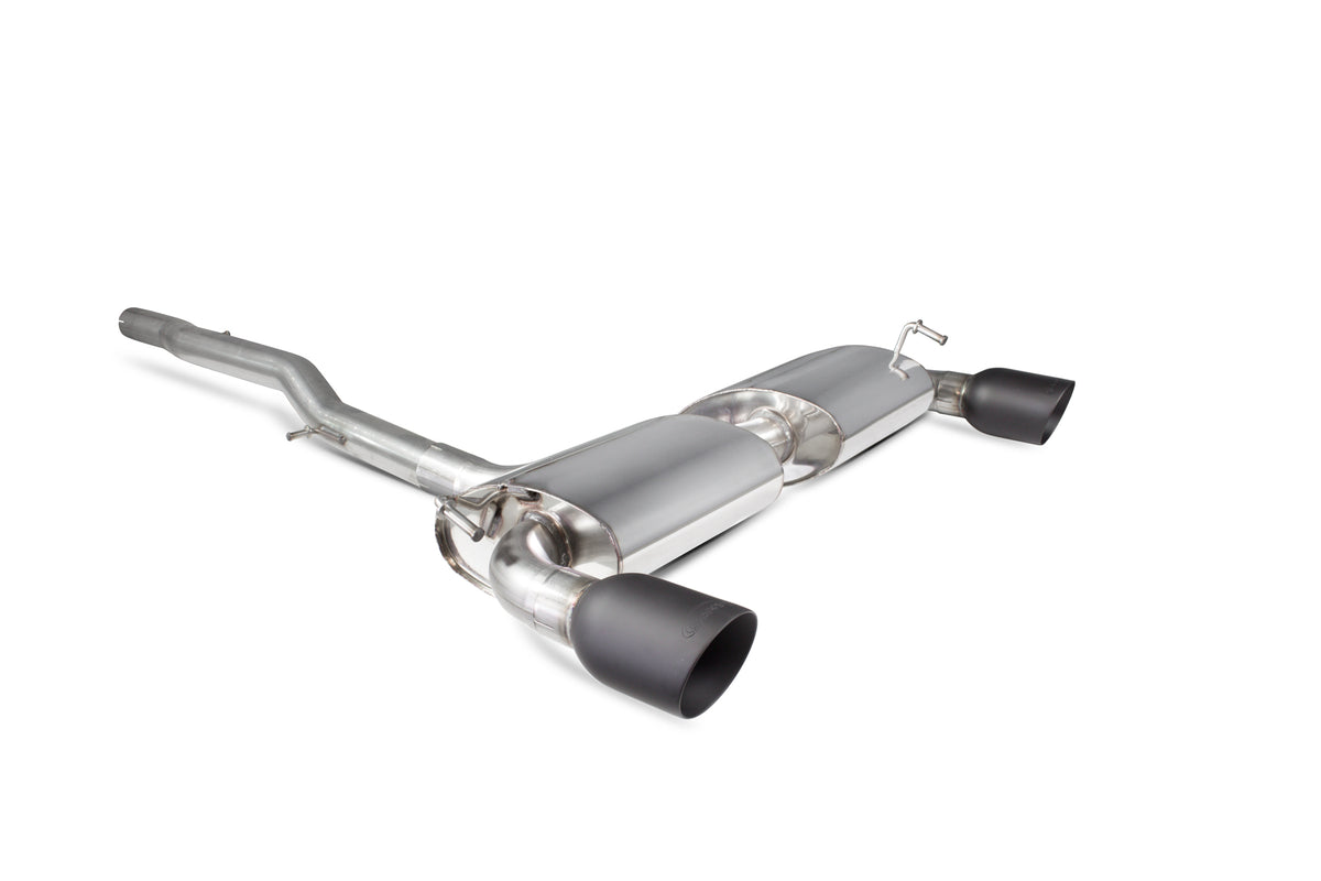 Scorpion Volkswagen Golf Mk4 R32 non-resonated cat-back exhaust system with polished stainless steel pipes and dual exhaust tips.
