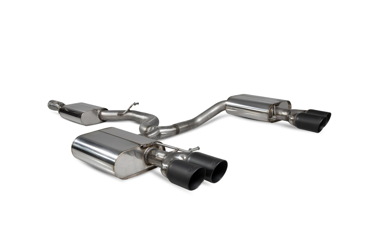 Scorpion Seat Leon Cupra ST 300 Carbon Edition resonated cat-back exhaust system with polished stainless steel pipes and dual exhaust tips.