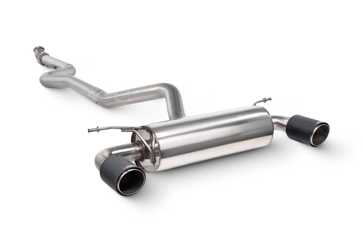 Scorpion BMW M235i F22 non-resonated cat-back exhaust system without valve, showing polished exhaust tips and piping.