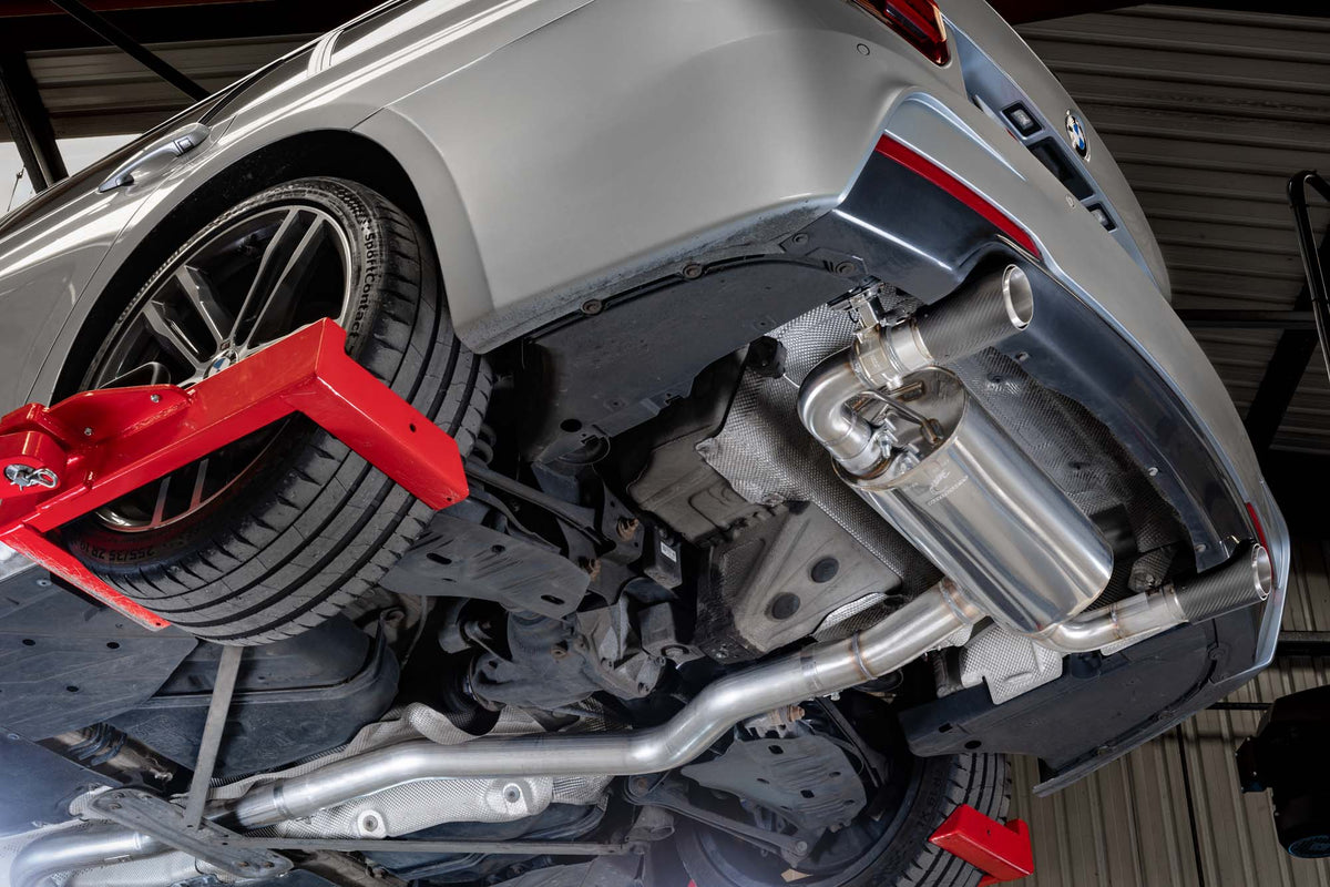 Scorpion BMW 340i F30/F31 18-19 & 440i F32/F33/F36 18-20 GPF non-resonated cat-back exhaust system, showing polished stainless steel pipes
