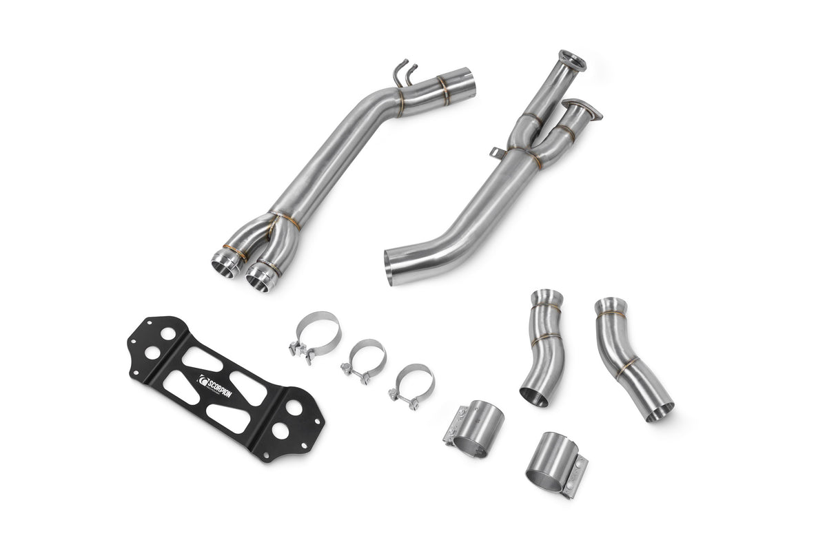 Scorpion BMW M3 G80/G81 and M4 G82 exhaust mid pipe with single mid pipe design, removing GPF for improved performance.