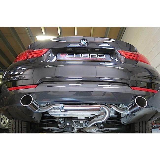 Cobra Sport dual exit performance exhaust conversion for BMW 320D F30/F31, styled like 340i, shown from the rear view.