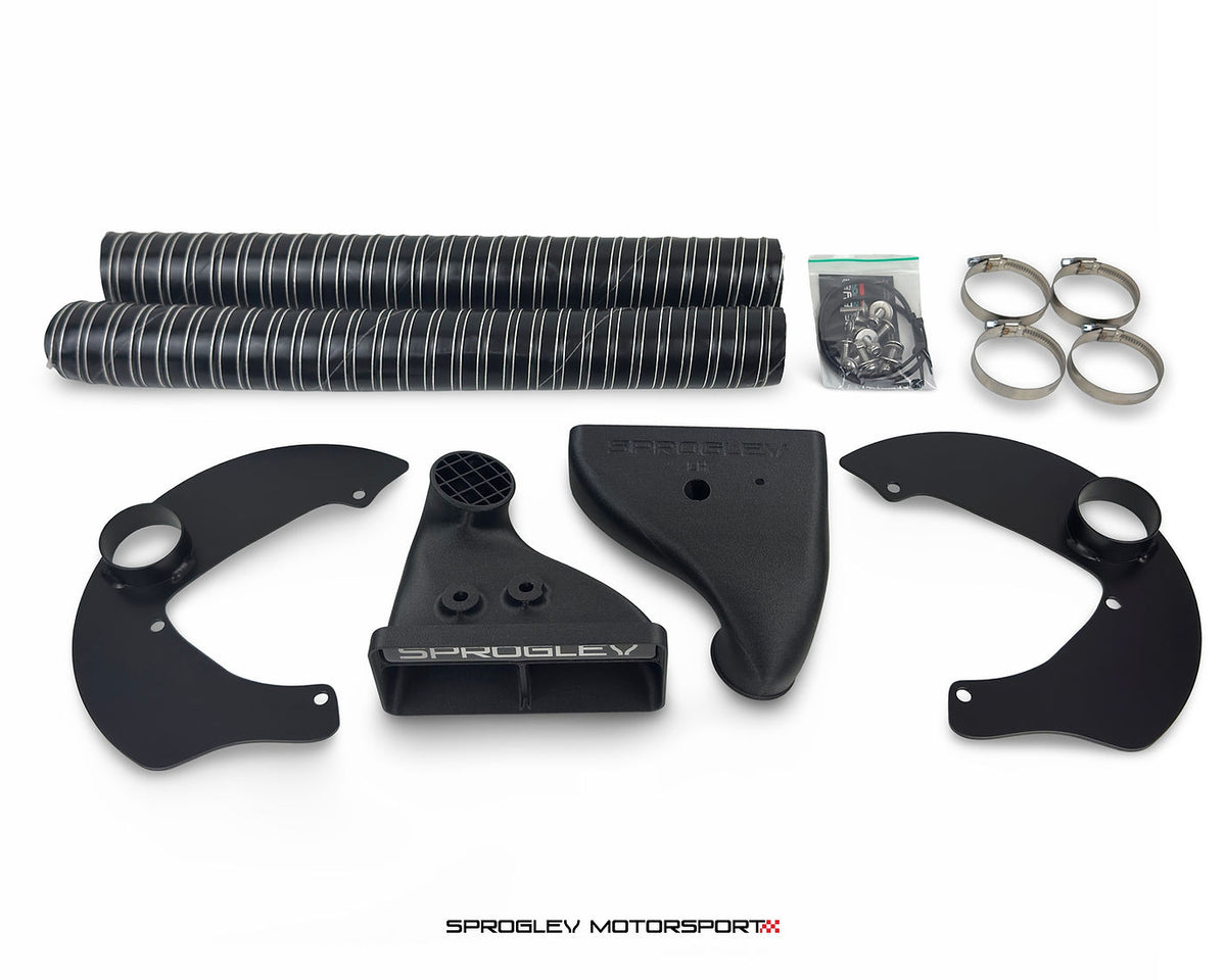 Sprogley Motorsport MQB lower control arm brake cooling kit with ducts for enhanced brake cooling and performance.