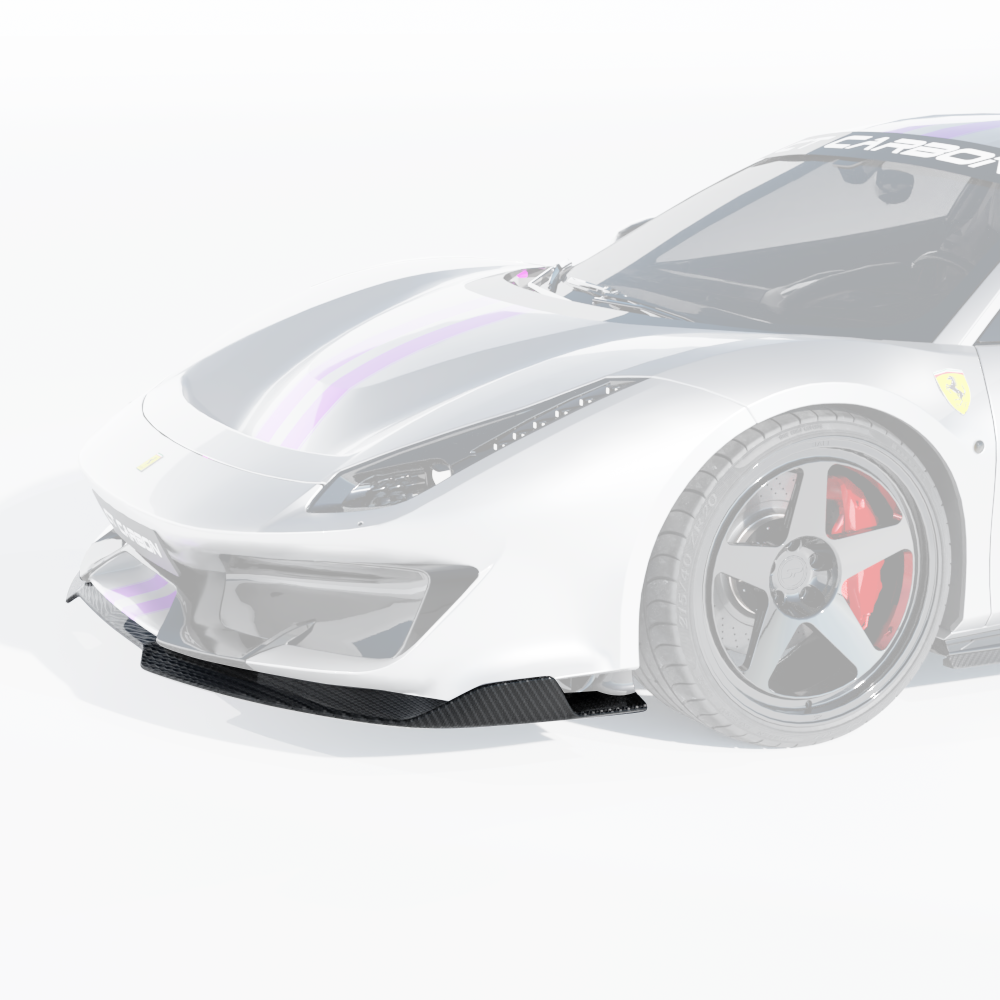 Ferrari 488 Pista carbon fiber splitter by CT Design, showcasing aerodynamic enhancement and lightweight construction.