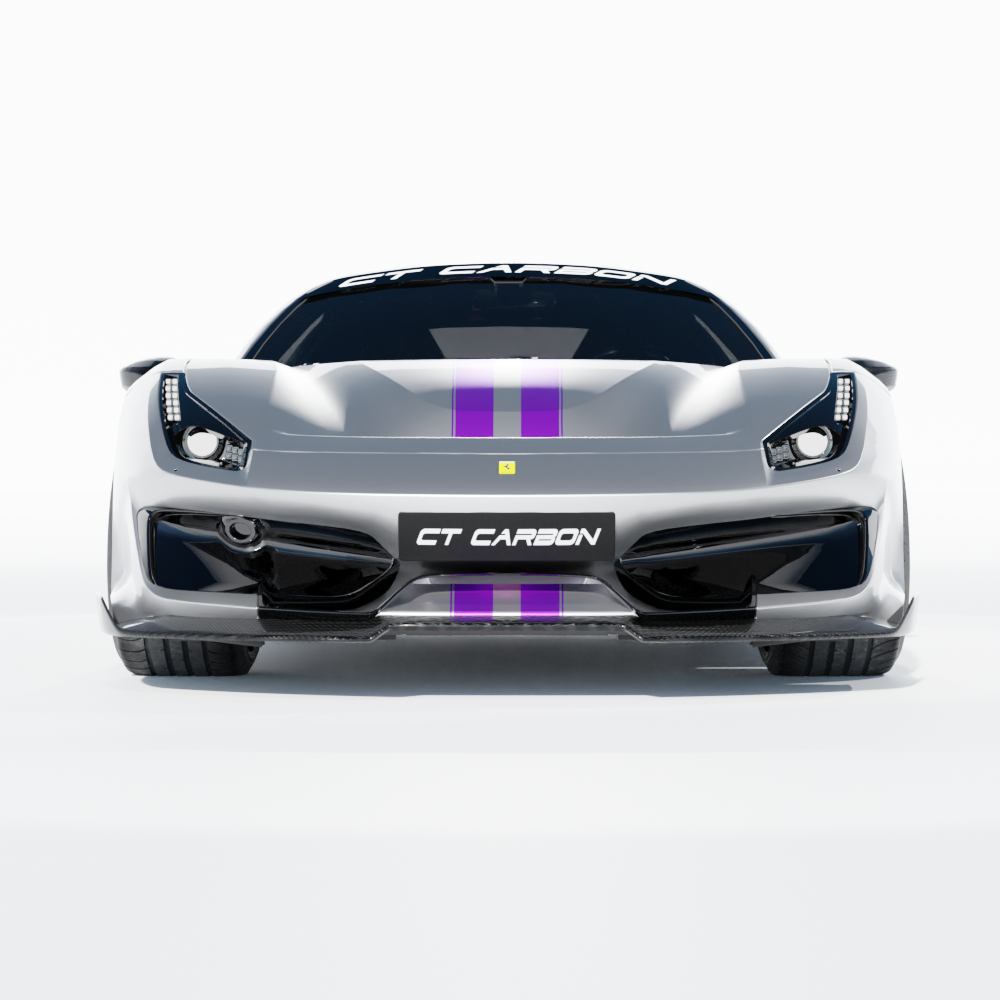 Ferrari 488 Pista carbon fibre splitter by CT Carbon, showing the sleek aerodynamic front splitter with carbon fiber finish.