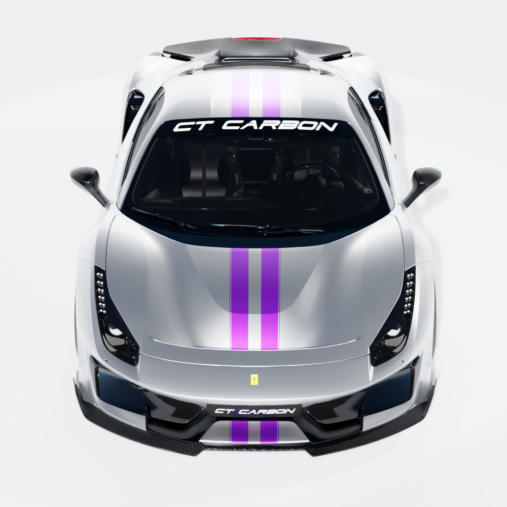 Ferrari 488 Pista carbon fibre splitter by CT Design, close-up of aerodynamic front splitter with carbon fiber weave pattern.