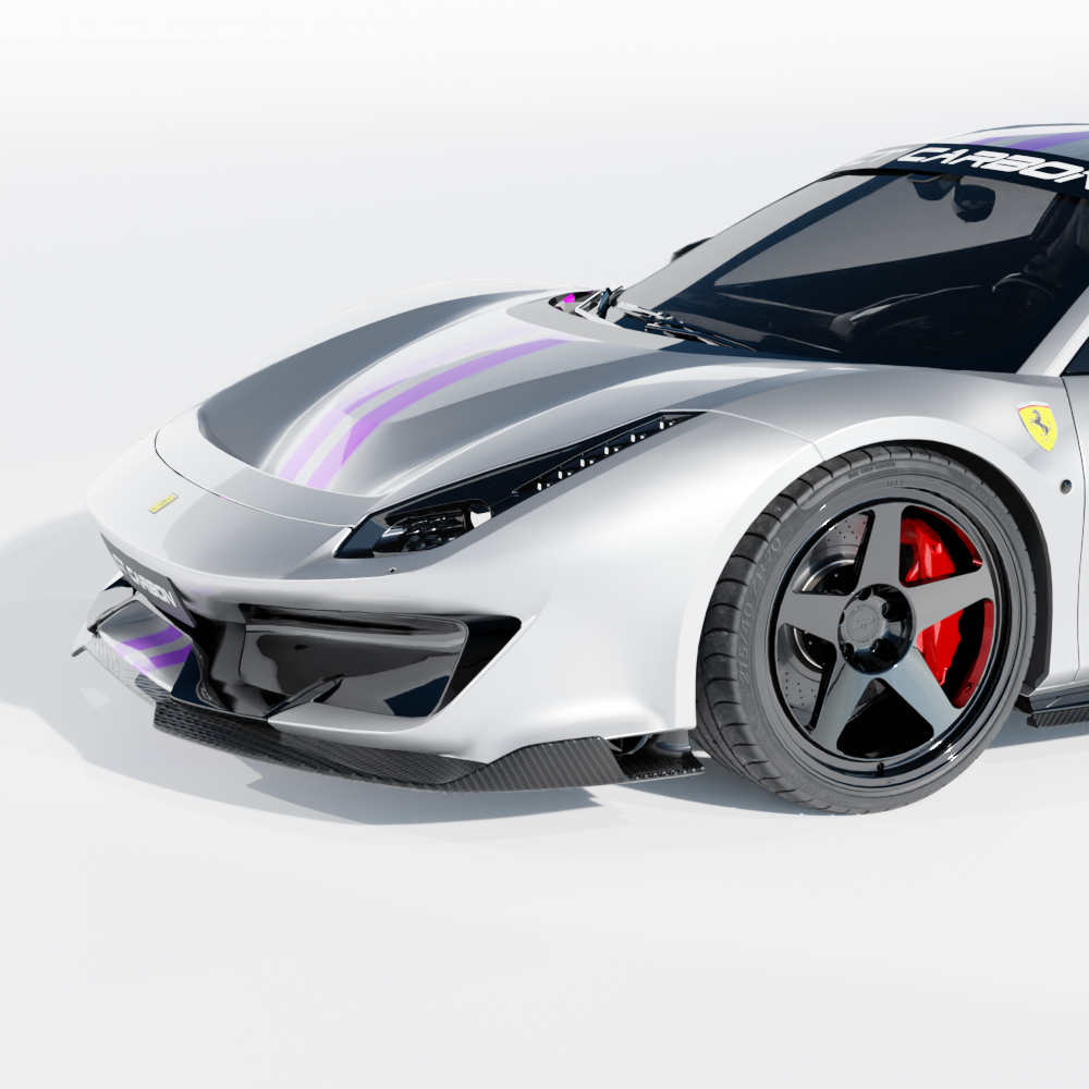 Carbon fibre splitter for Ferrari 488 Pista by CT Carbon, showcasing a sleek, aerodynamic design for enhanced performance.