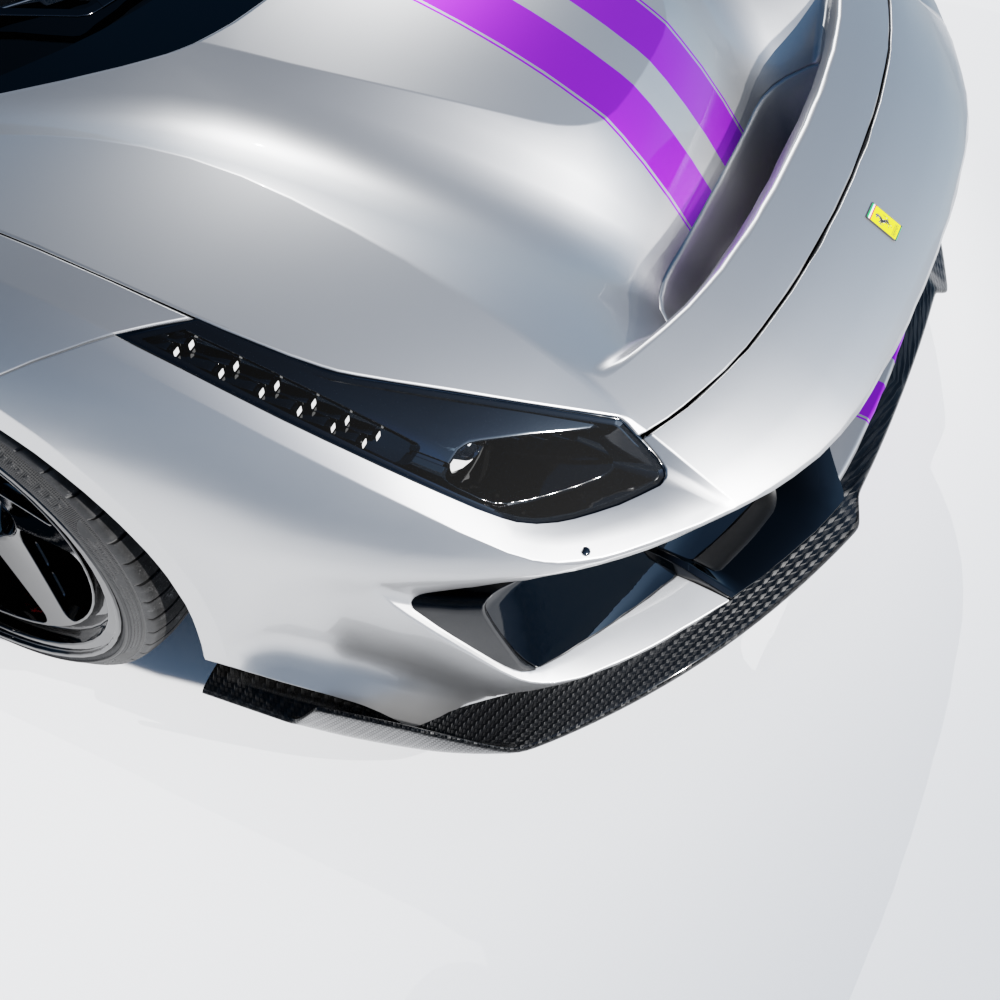 Ferrari 488 Pista carbon fibre splitter with CT Design branding, showcasing aerodynamic design and lightweight construction.