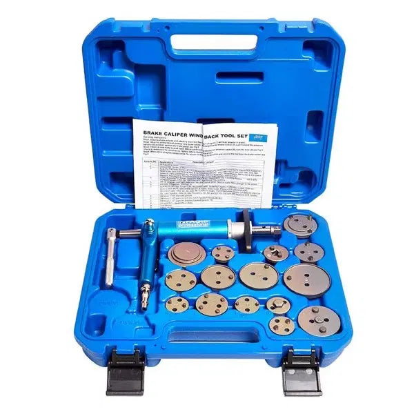 Pagid 18-piece pneumatic brake caliper wind back tool set, including various tools for brake caliper retraction and maintenance.