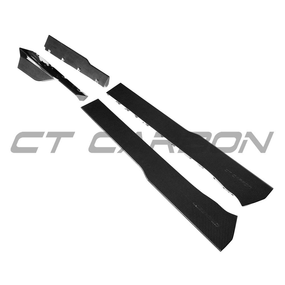 Lamborghini Revuelto carbon fiber side skirts by CT Design, sleek and aerodynamic car accessory, shown on a sports car.