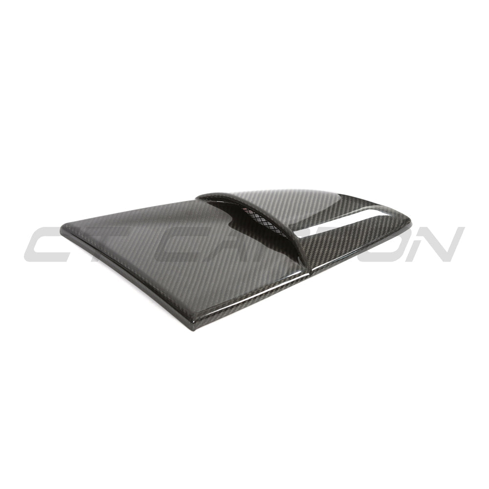 CT Carbon Porsche 718 Cayman 2016+ rear carbon fiber window cover, close-up view of sleek, textured accessory for car enhancements.