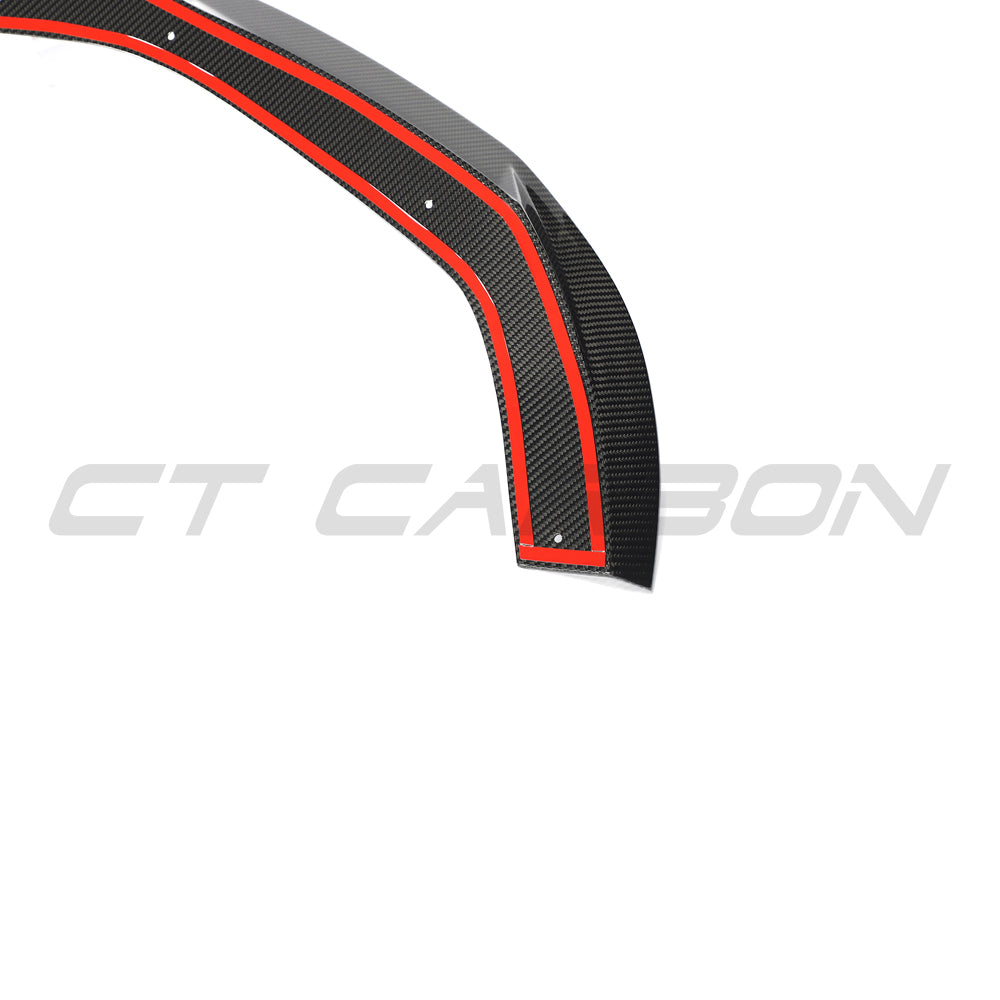 CT Carbon RS3 8Y 2025+ carbon fibre splitter front view showing sleek aerodynamic design and textured carbon fiber surface.