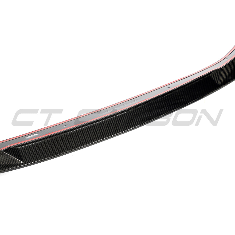 CT Carbon RS3 8Y 2025+ carbon fibre splitter, V2 design, installed on front bumper, showcasing sleek aerodynamic performance.