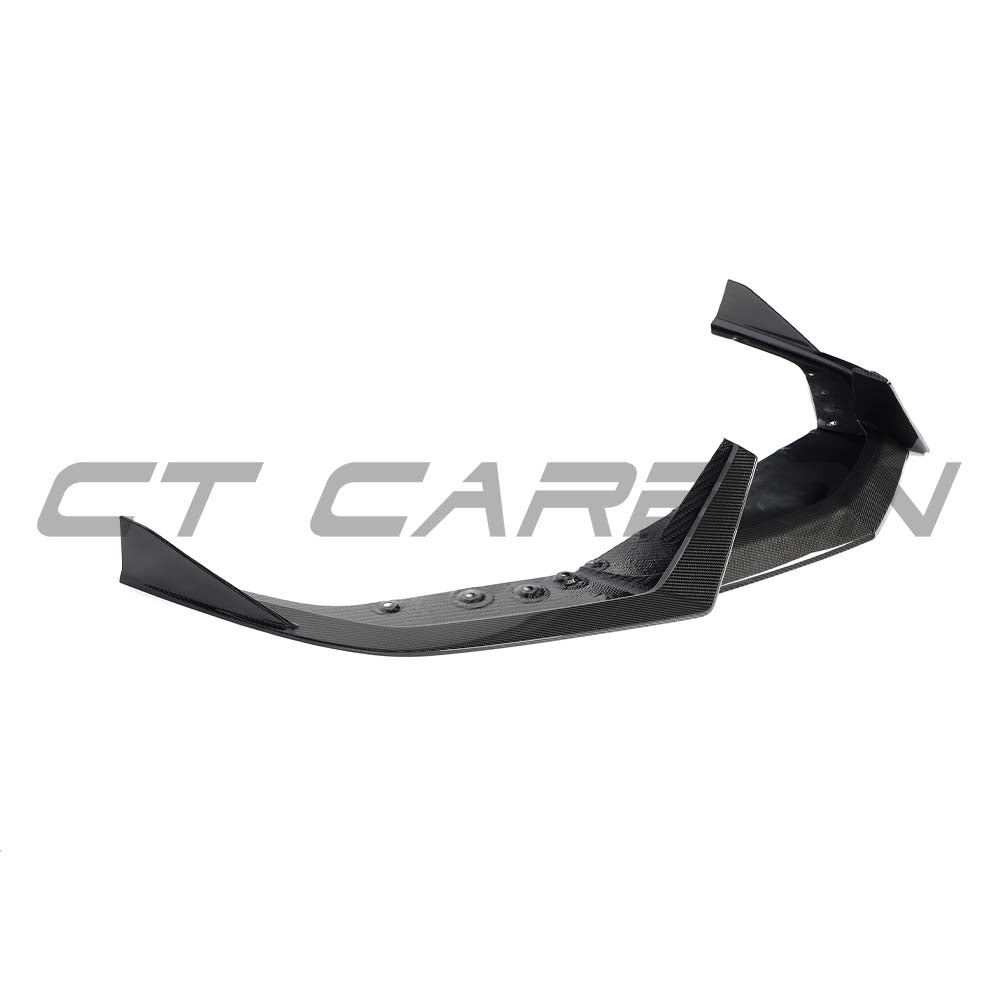 CT Carbon Lamborghini Revueltto carbon fiber front splitter showing sleek aerodynamic design and detailed craftsmanship.