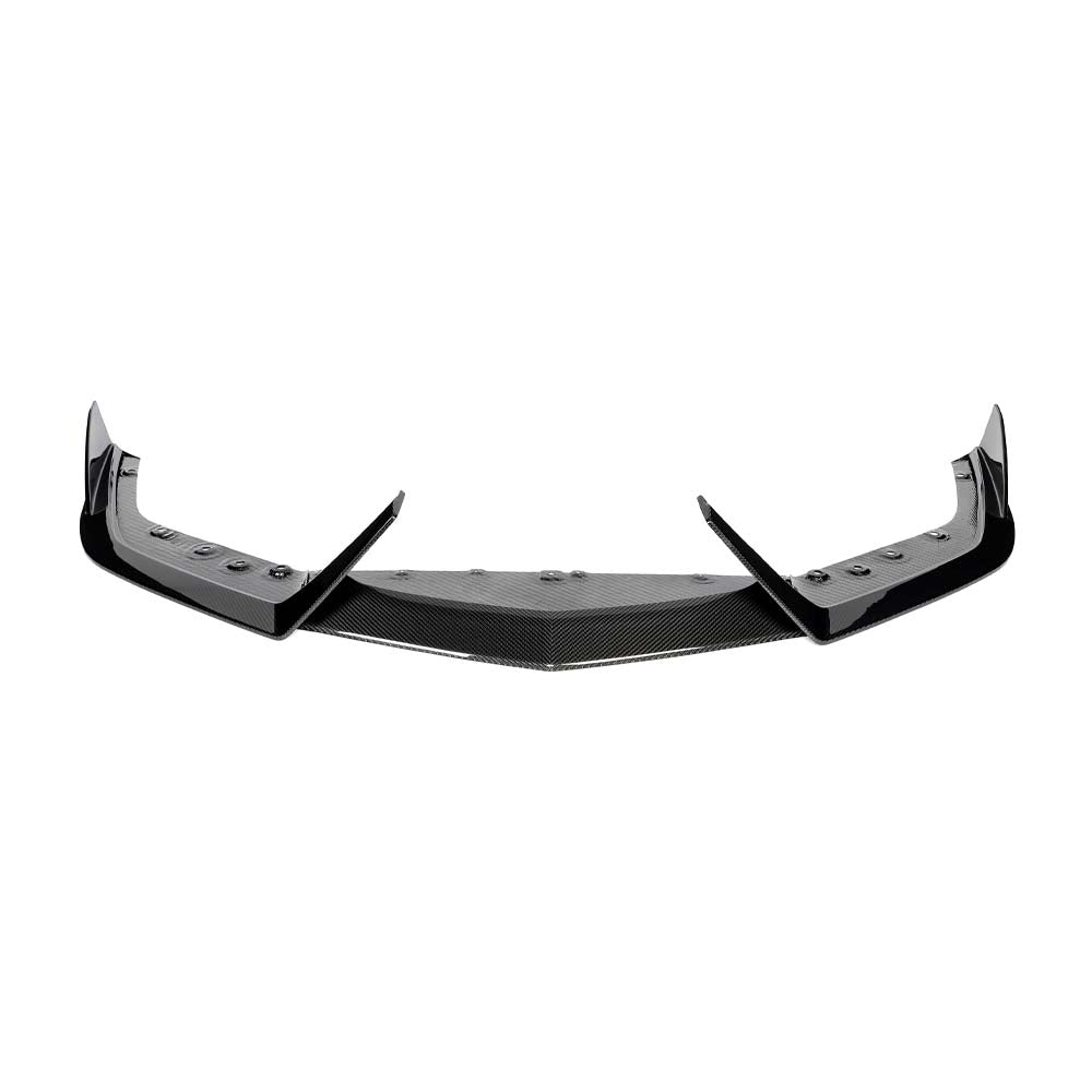 CT Carbon Lamborghini Revueltó carbon fibre front splitter installed on a vehicle, showcasing sleek aerodynamic design and high-quality materials.