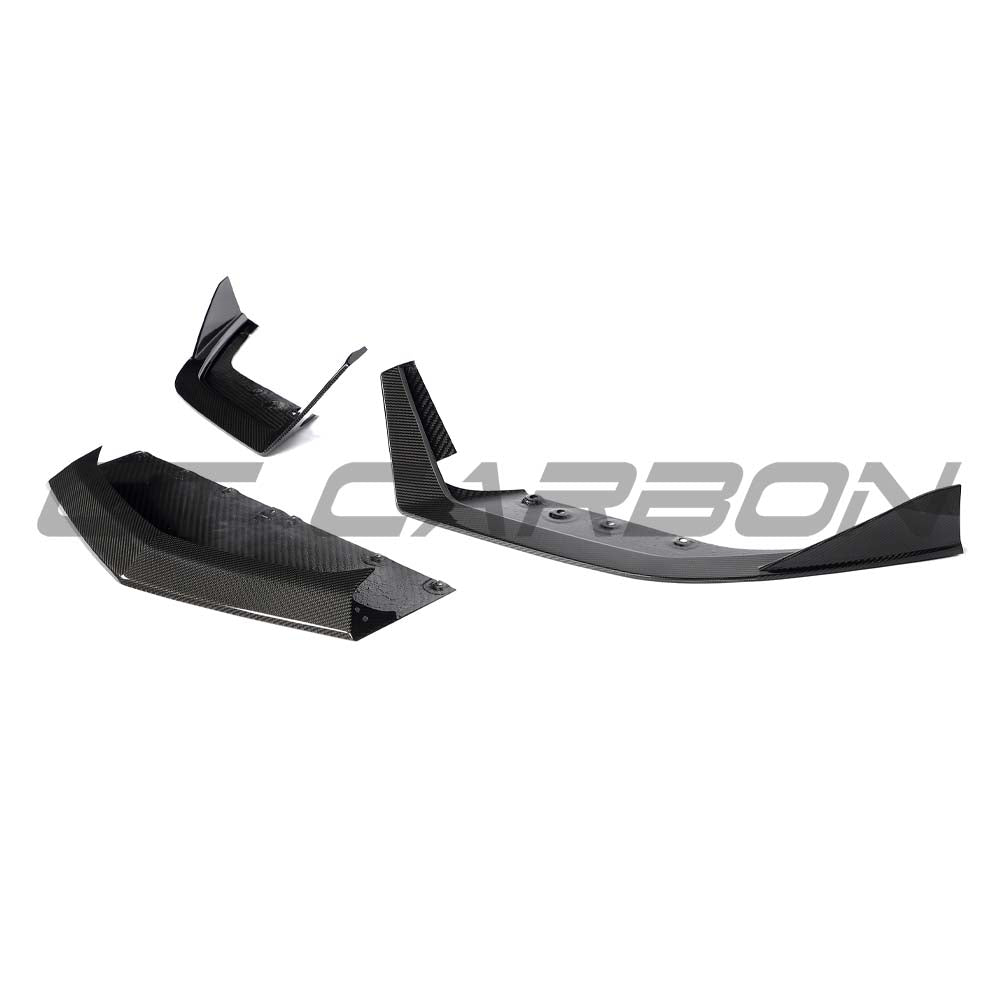 CT Carbon Lamborghini Revueltó carbon fiber front splitter, shown installed on a vehicle, highlighting its sleek, aerodynamic design.