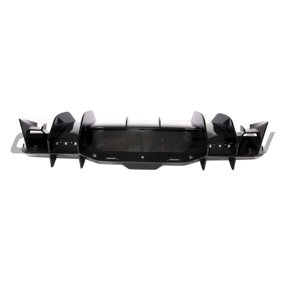 Carbon fiber Lamborghini Revueltto rear diffuser by CT Carbon, showcasing sleek design and aerodynamic details.