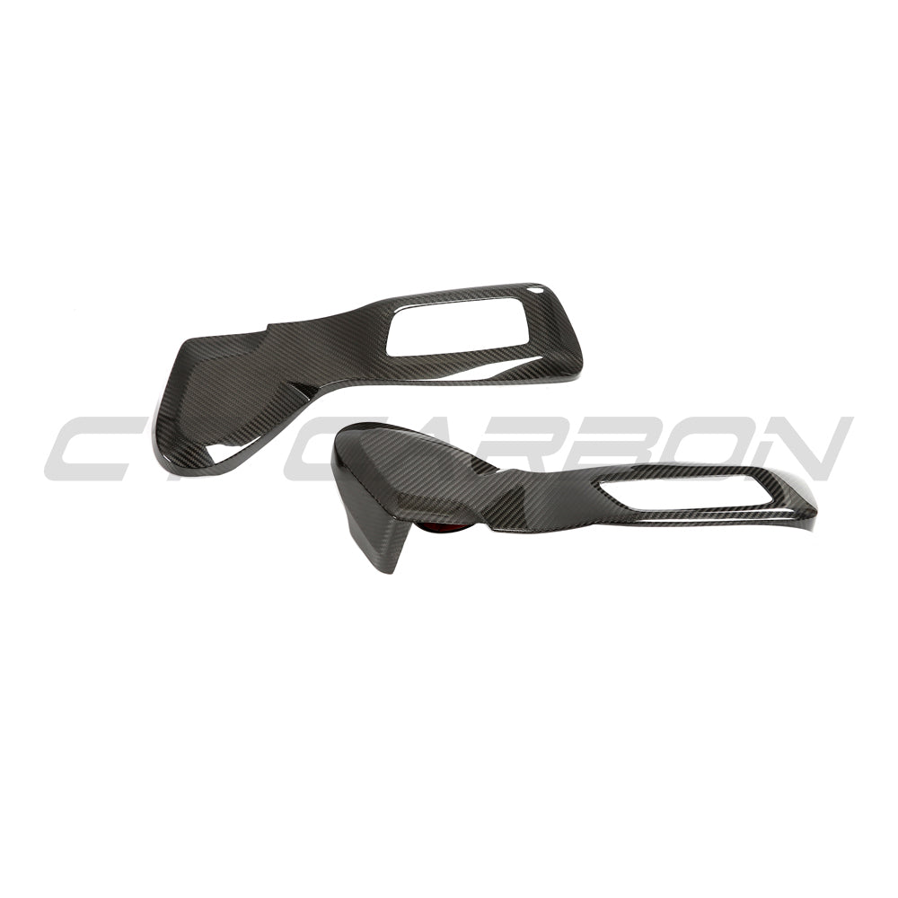 BMW F80 M3 2014-2020 carbon fiber seat control cover by CT Carbon, showing close-up of sleek, textured carbon fiber surface.