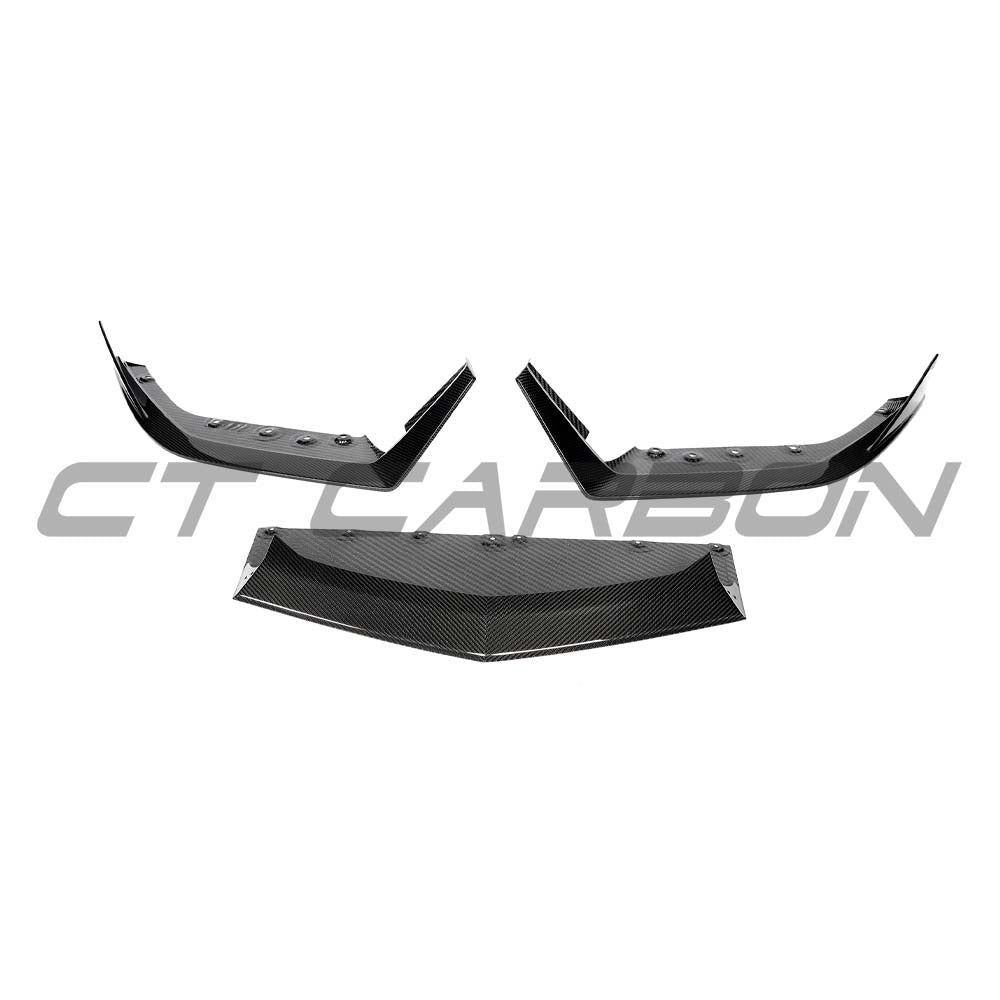 Carbon fiber Lamborghini Revueltto front splitter by CT Carbon, showcasing aerodynamic design and sleek construction for enhanced performance.