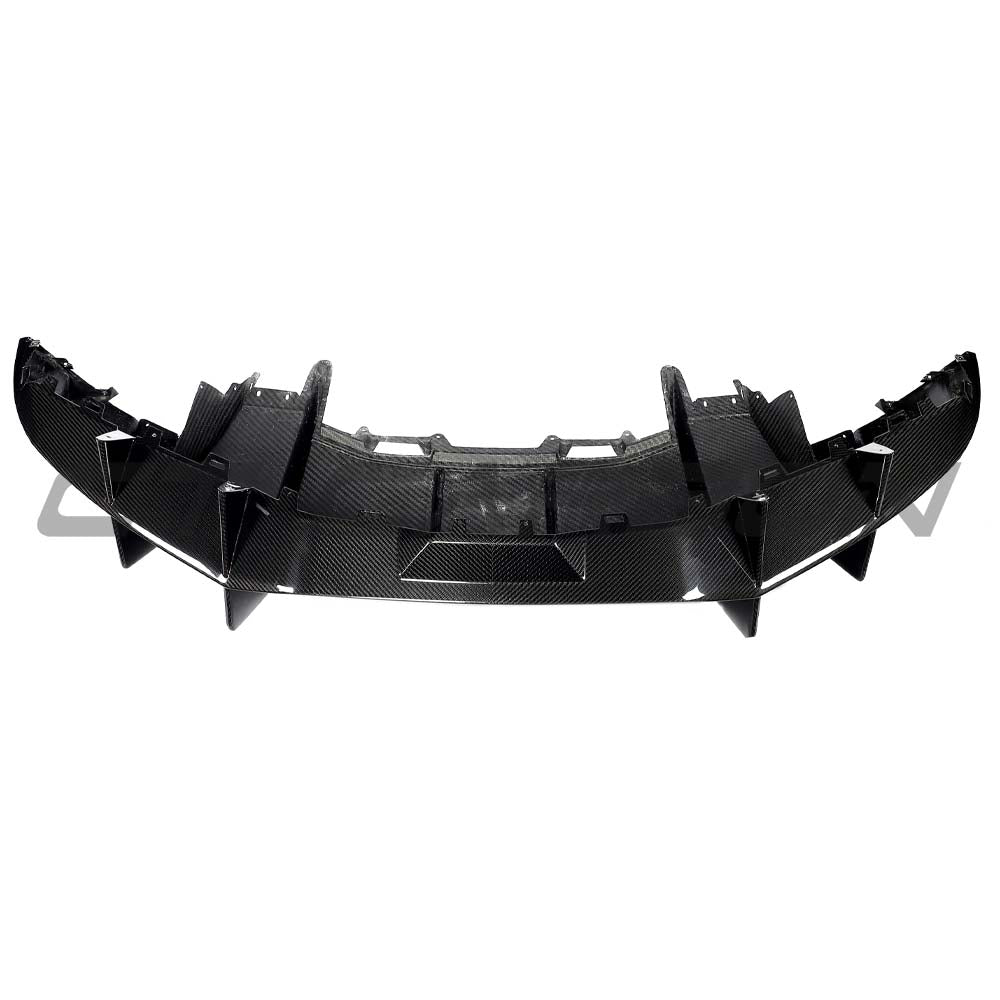 Carbon fibre Lamborghini Revueltto rear diffuser by CT Carbon, featuring sleek, aerodynamic design for high-performance vehicle styling.