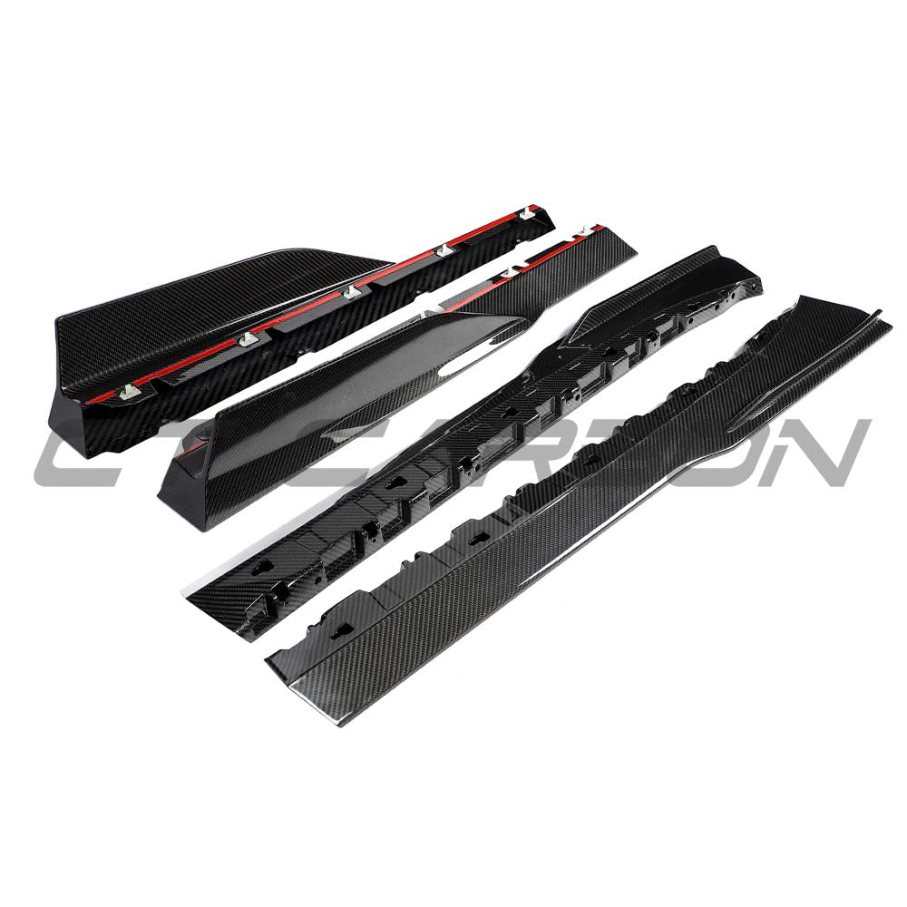Lamborghini Revueltto carbon fibre side skirts by CT Carbon, showcasing sleek, aerodynamic design and detailed carbon fibre finish.