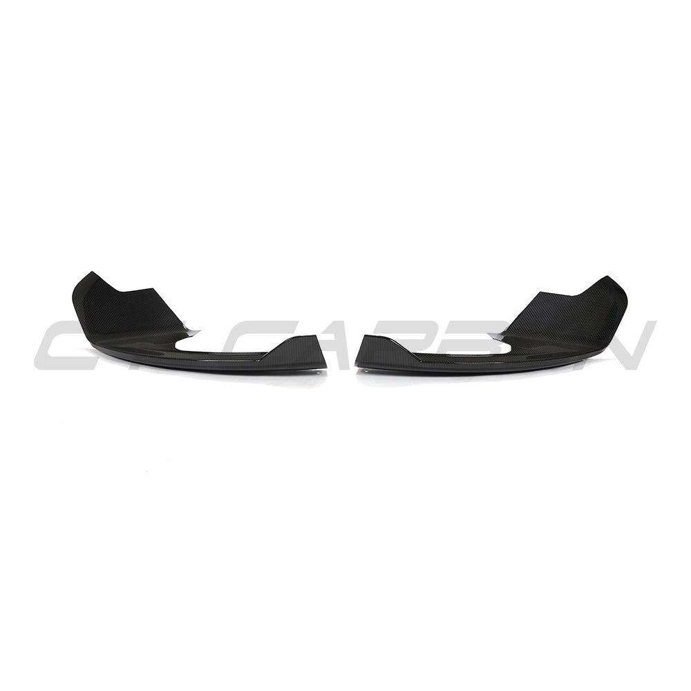 Carbon fiber corner splitters for McLaren 570S and GT by CT Carbon, showcasing sleek aerodynamic design on the car's front corners.