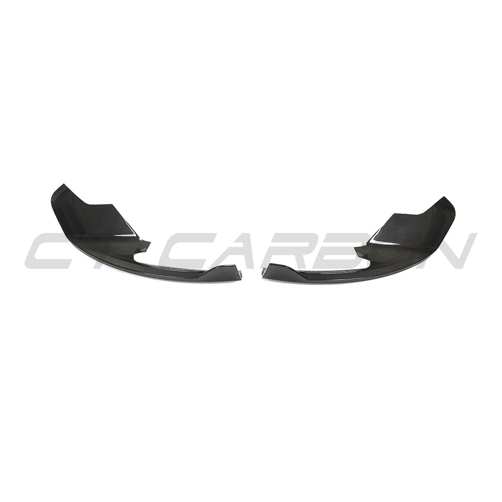 Carbon fibre corner splitters for McLaren 570S and GT by CT Carbon, shown attached to the front of the sports car.