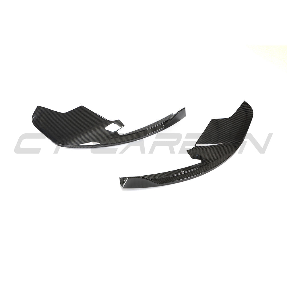 Carbon fibre corner splitters for McLaren 570S and GT by CT Carbon, shown on the front corners of the sports car.