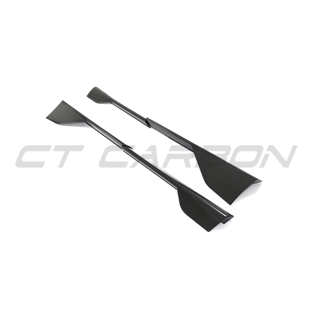 Carbon fibre side skirts for McLaren 570S and GT, manufactured by CT Carbon, shown on a sleek sports car.