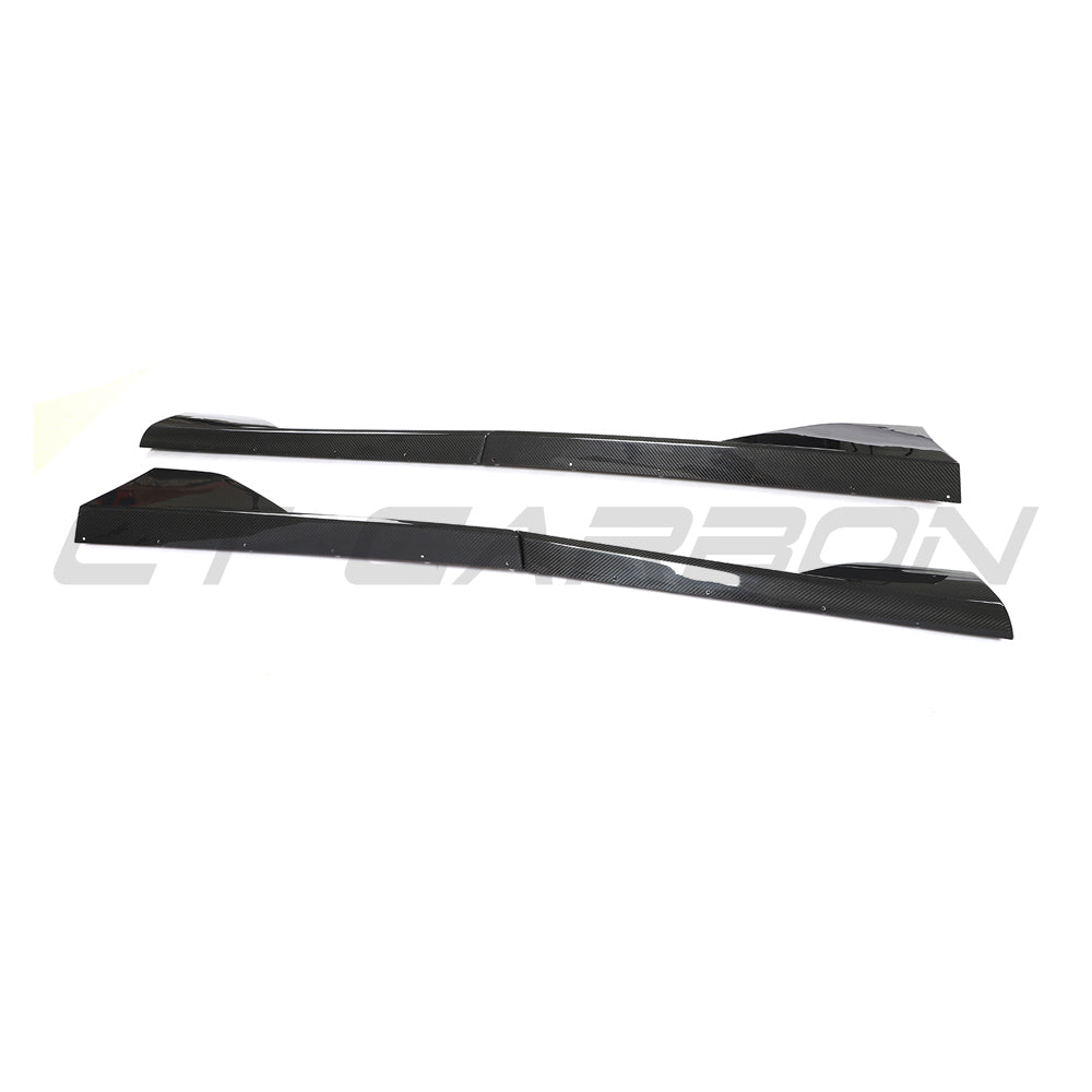 Carbon fiber side skirts for McLaren 570S and GT, designed by CT Carbon, shown installed on the sports car.