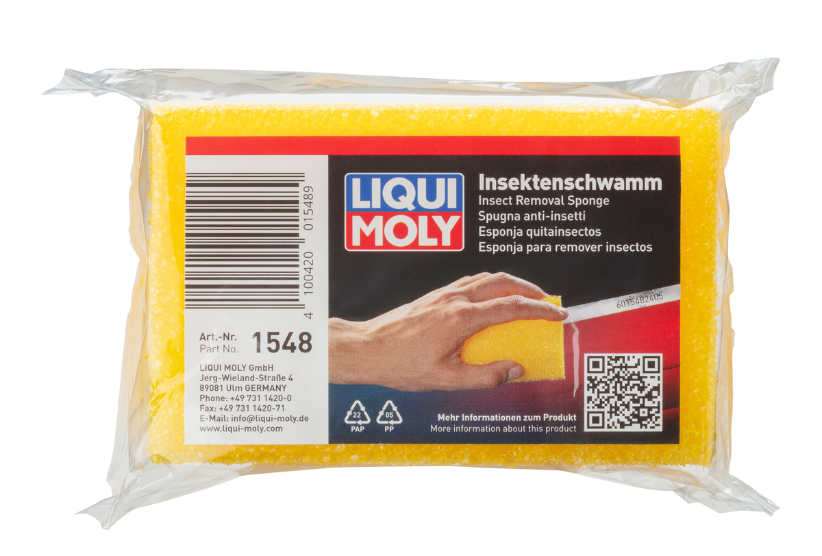 Liqui Moly insect removal sponge for car detailing, showing the soft cleaning surface used to remove bugs from vehicle exteriors.