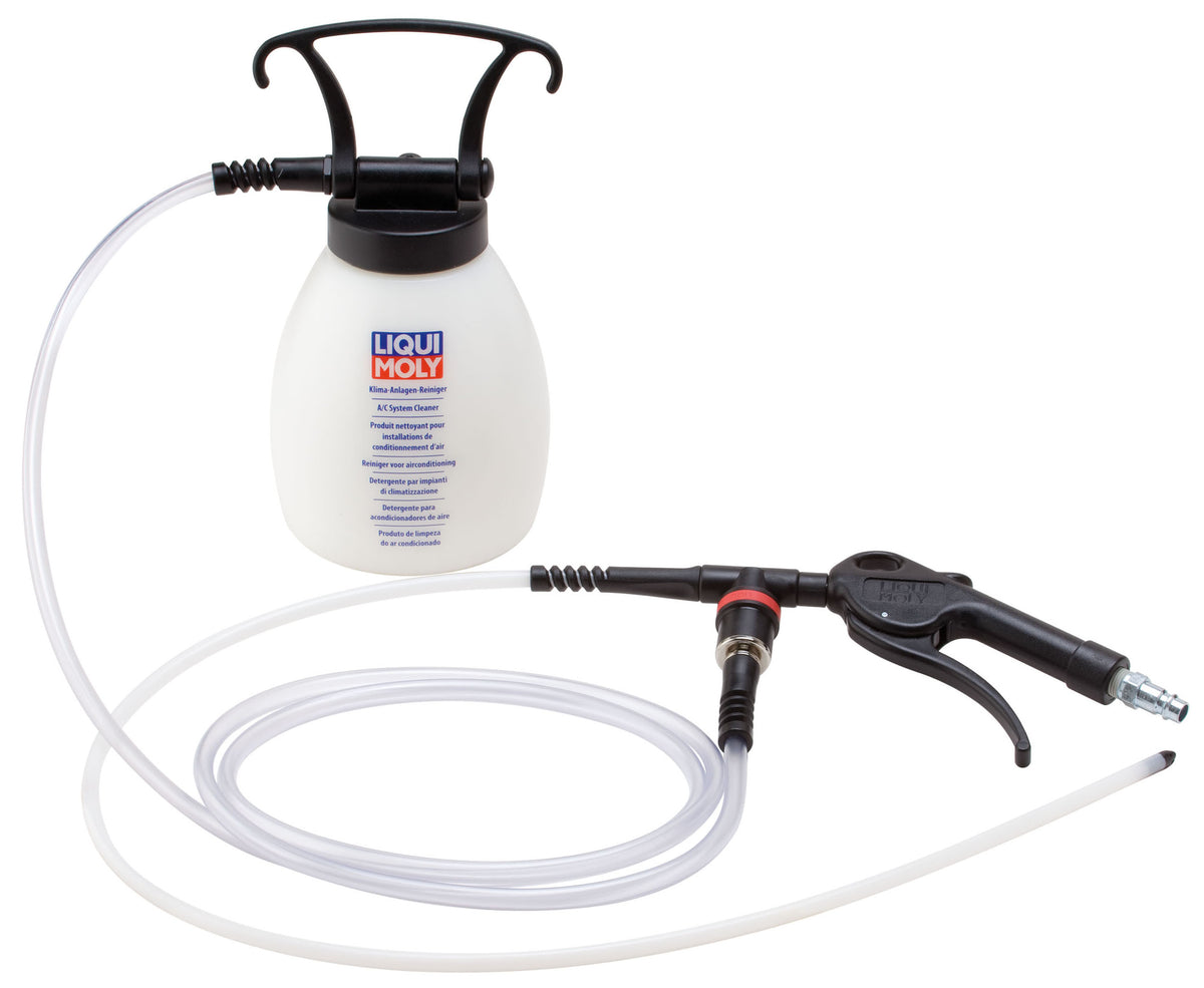 Liqui Moly air-conditioner system cleaner gun for workshop tools, shown with nozzle and cleaning attachment.