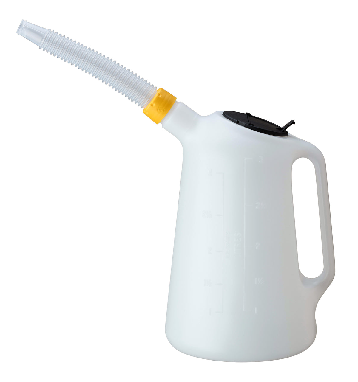 Liqui Moly 3L measuring cup with flexible outlet pipe, workshop tool for precise liquid measurement and transfer.
