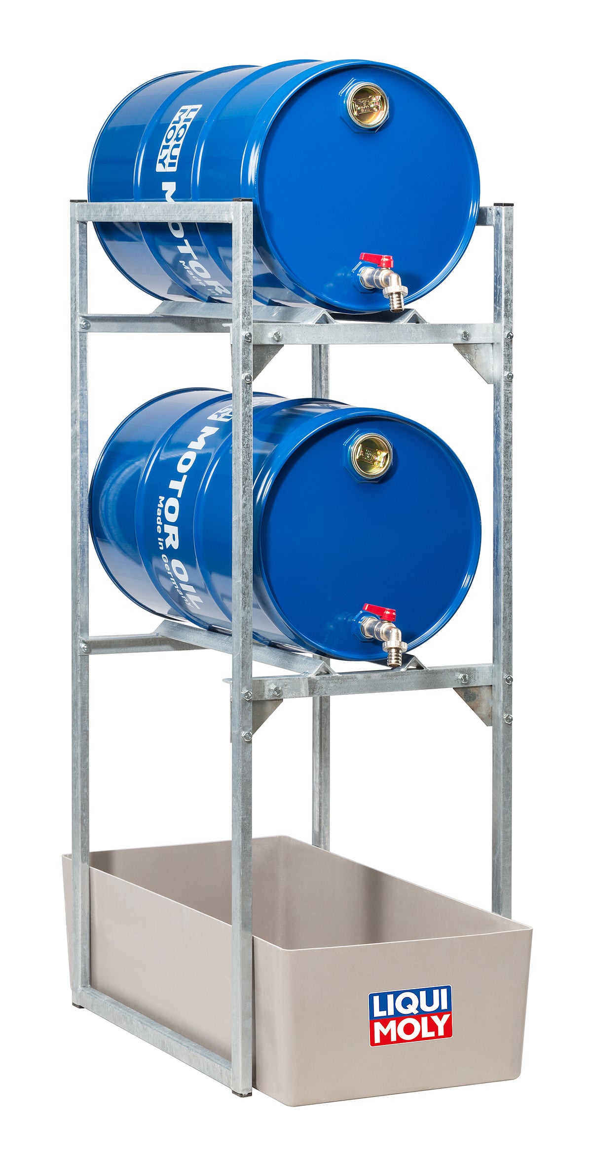 Liqui Moly drum rack for two 60L drums with oil drip pan, workshop tool for secure drum storage and spill containment