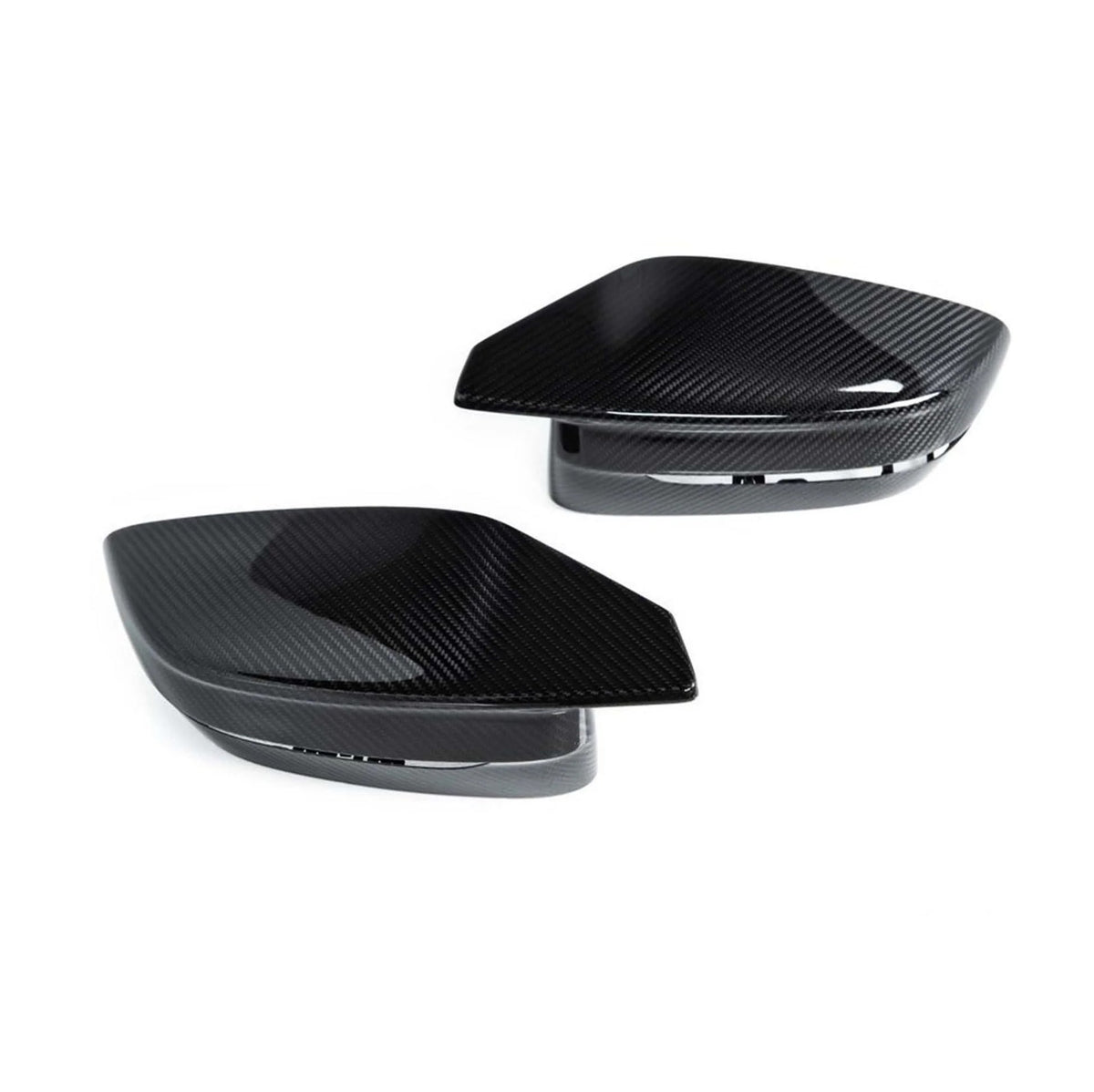 Genuine BMW carbon wing mirror caps for G20, G22, G80, G81, G82, G83, G87 models, shown on BMW vehicle.