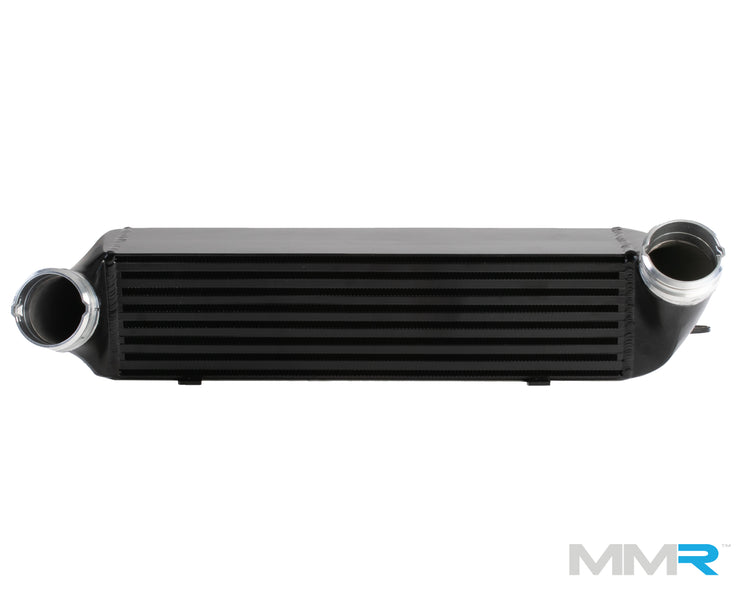 MMX Performance high-performance intercooler hoses for BMW E9x and E8x 135i, 335i, and 1M models on a rear view image.