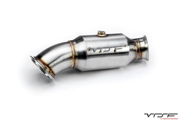 VRSF 4-inch sports cat downpipe for BMW N55 F30 F32 F87 M2, featuring a brushed stainless steel finish and catalytic converter.